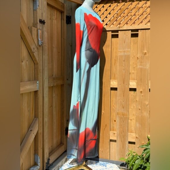🆕 RAT & BOA 🧿 NWOT Santino Sheer Long Sleeve Dress, Blue with Red Tulip, Sz M - Picture 10 of 16